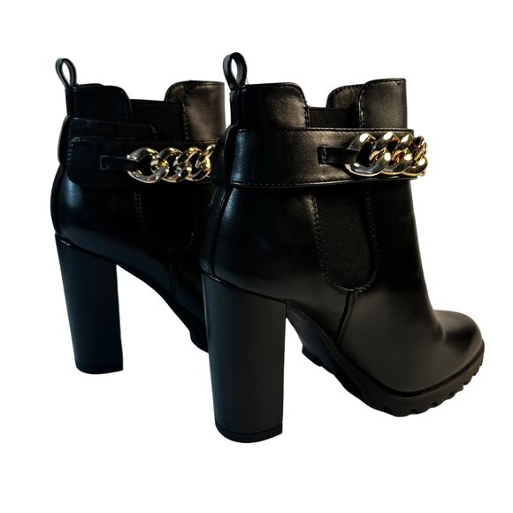 Shoedazzle Black Block Heel Ankle Booties 6.5 Gold Chain Mob Wife NWOB - Picture 5 of 7